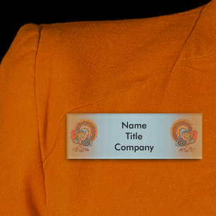 Two Majestic Turkeys Leaves Blue Orange Name Tag