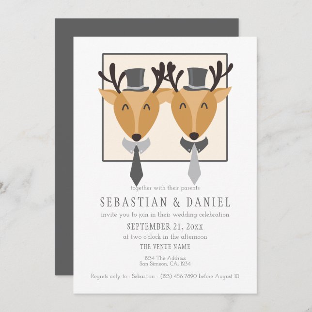 Two Male Deer In Ties And Top Hats Gay Wedding Invitation (Front/Back)