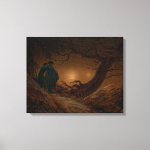 Two Male Friends Contemplating the Moon at Night Canvas Print