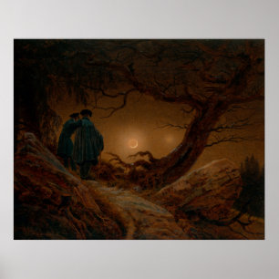 Two Male Friends Contemplating the Moon at Night Poster