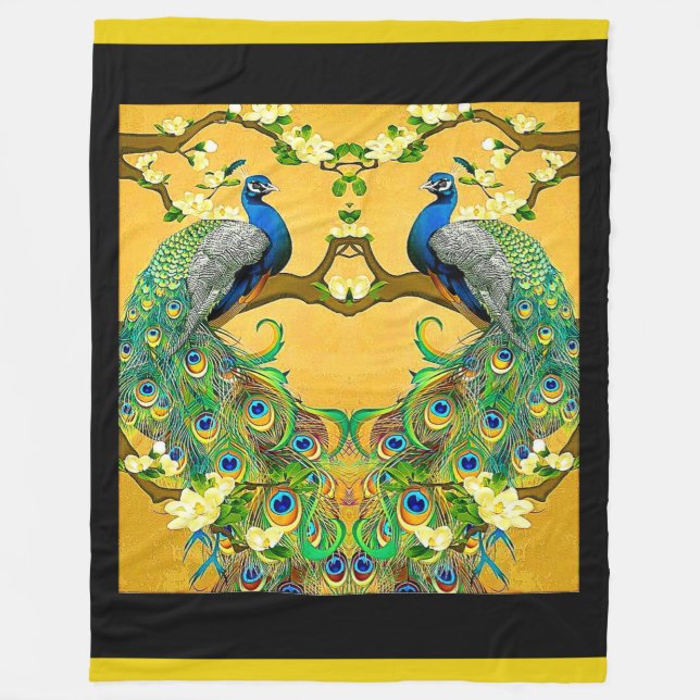 Two Male Indian Blue Peacocks Fleece Blanket (Front)