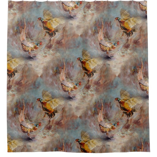 Two male ring-neck pheasants fighting. shower curtain (Front)