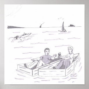Two Males Each in Small Row Boats Next to Each oth Poster