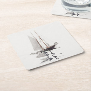 Two-masted Schooner with Dory by Winslow Homer Square Paper Coaster
