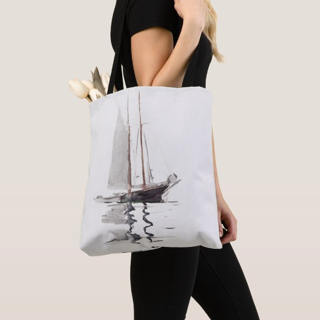 Two-masted Schooner with Dory by Winslow Homer Tote Bag (Close Up)