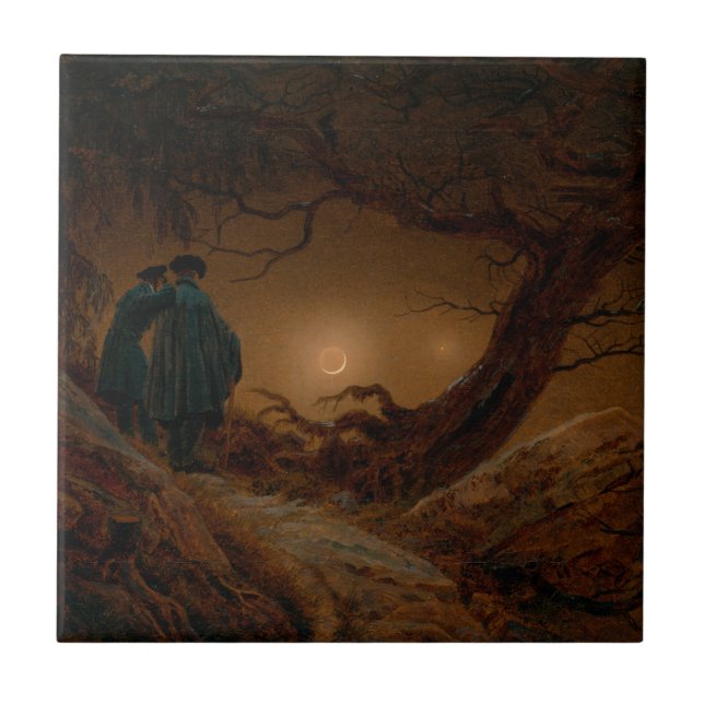 Two Men Contemplating the Moon at Night Tile (Front)