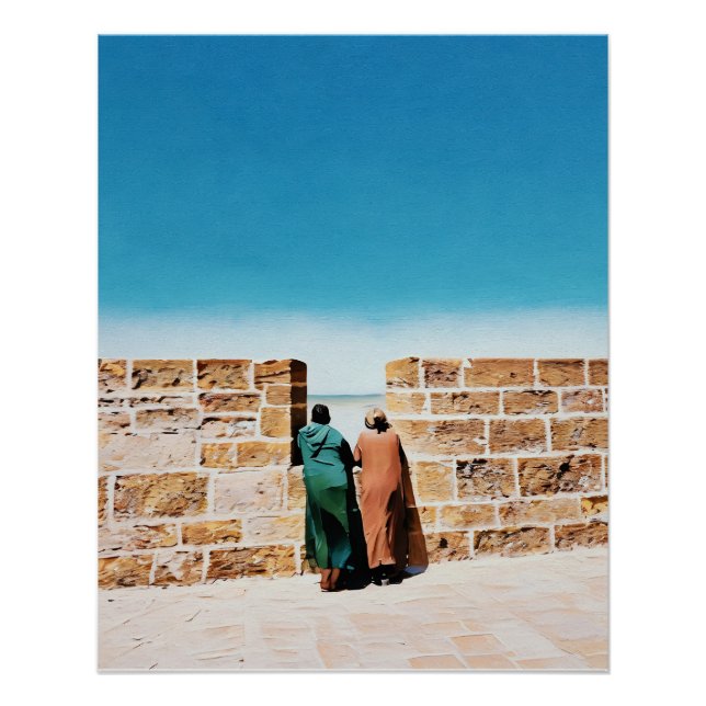 Two Men Gazing Over Wall Towards Bright Blue Sky Poster (Front)