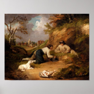 Two Men Hunting Rabbits With Their Dog Poster