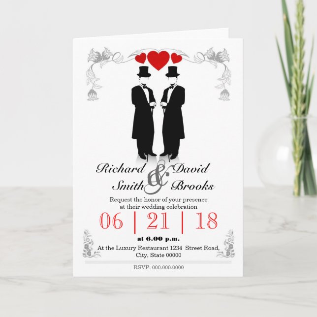 Two men in tuxedo with hats - Gay wedding Invitation (Front)