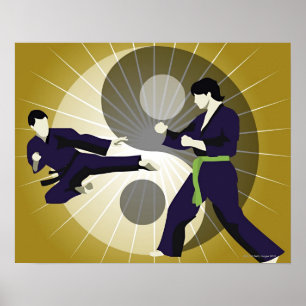 Two men performing martial arts in front of a poster