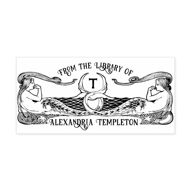 Two Mermaids Library Book Name Initial Self-inking Stamp (Design)
