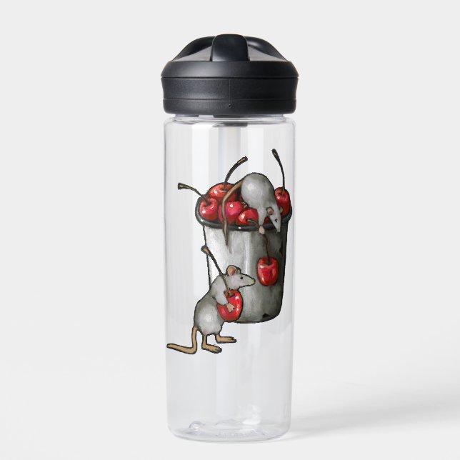 Two MICE Stealing Cherries, Bucket of Cherries Art Water Bottle (Front)