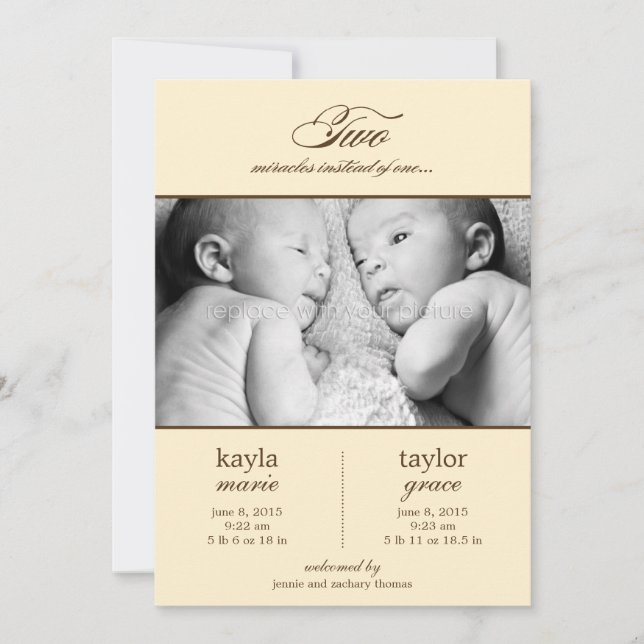 Two Miracles Twins Birth Announcement - Cream (Front)
