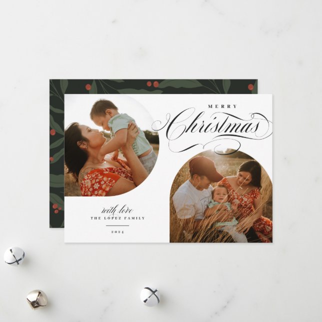 Two Modern Arched Photos Merry Christmas Script Holiday Card (Front/Back In Situ)