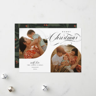 Two Modern Arched Photos Merry Christmas Script Holiday Card