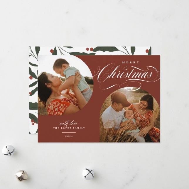 Two Modern Arched Photos Merry Christmas Script Holiday Card (Front/Back In Situ)