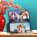 Two moms are better than one photo plaque<br><div class="desc">Celebrate your unique family and your mums on Mother's day with this fun and modern customisable plaque featuring a 3 photo collage template with the caption "Two moms are better than one" decorated with lovely rainbow colours. Easily customisable by adding three of your favourite family pictures. This plaque is part...</div>