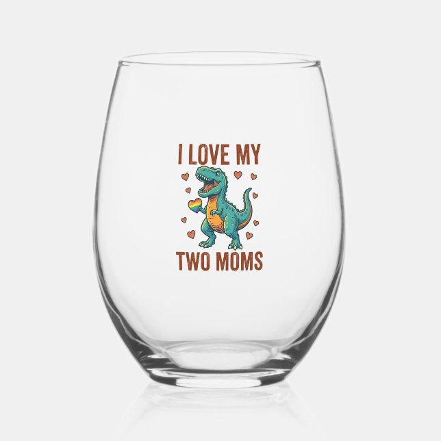 Two Moms Pride Dinosaur Vector T-Shirt Design_1 Stemless Wine Glass (Front)