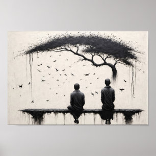 Two monks contemplating beauty of tree and birds poster