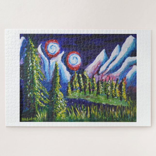 Two moons mountains night landscape art jigsaw puzzle (Horizontal)