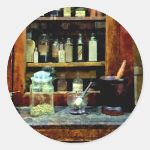 Two Mortar and Pestles and Glass Jar Classic Round Sticker
