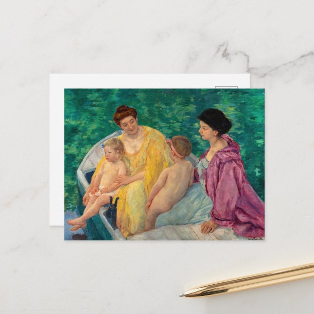 Two Mothers and Their Children in a Boat Holiday Postcard (Front/Back In Situ)
