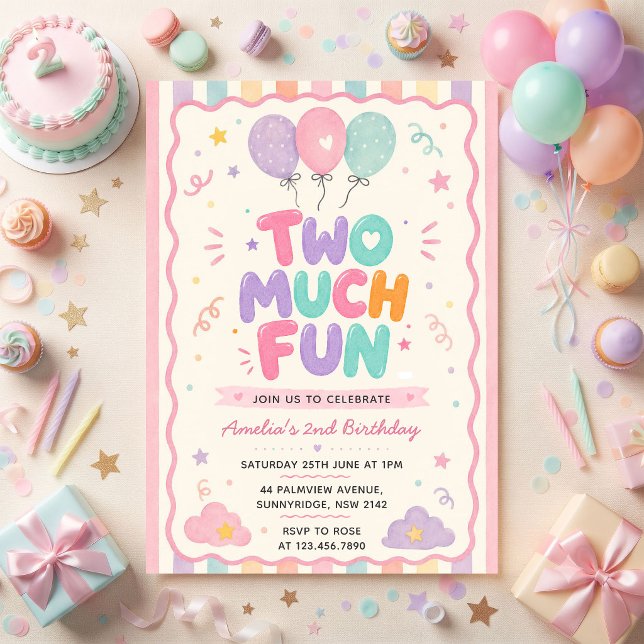 Two Much Fun  Balloon 2nd Birthday Invitation (Creator Uploaded)