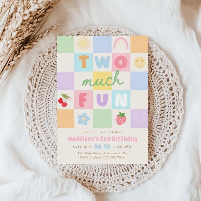 Two much Fun Colourful Gingham 2nd Birthday Invitation (Creator Uploaded)