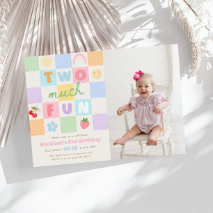 Two much Fun Colourful Gingham 2nd Birthday Photo Invitation