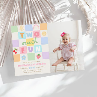 Two much Fun Colourful Gingham 2nd Birthday Photo Invitation