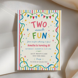 Two much Fun Colourful Striped 2nd Birthday Invitation