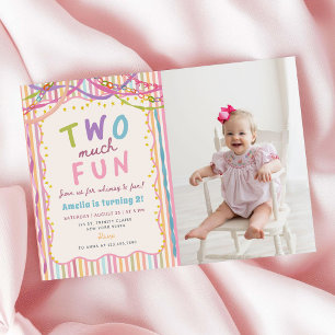 Two much Fun Colourful Striped 2nd Birthday Photo Invitation
