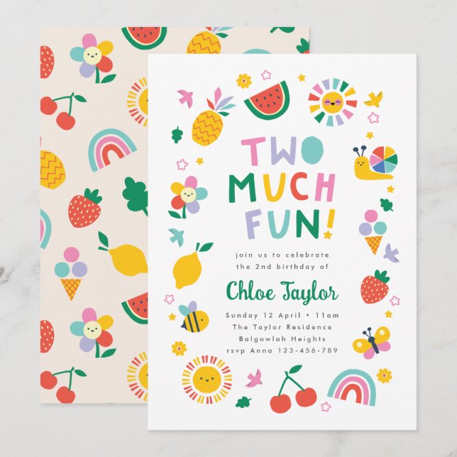 Two Much Fun Invite, Girls Second Birthday  Invitation (Front/Back)