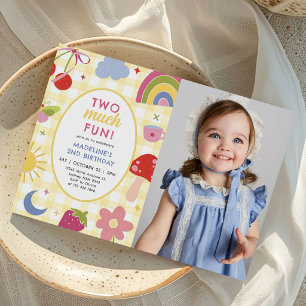 Two Much Fun Retro Hand Drawn 2nd Birthday Photo Invitation