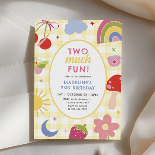 Two Much Fun Retro Hand Drawn Quirky 2nd Birthday Invitation