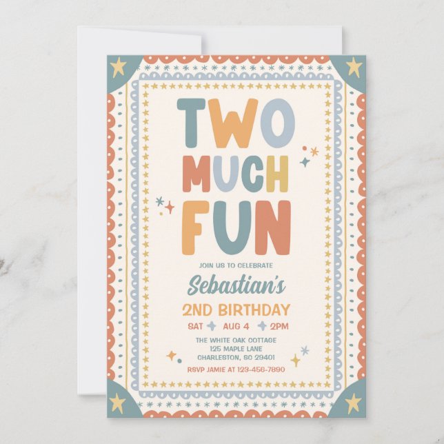 Two Much Fun Whimsical Boy Second Birthday Party Invitation (Front)