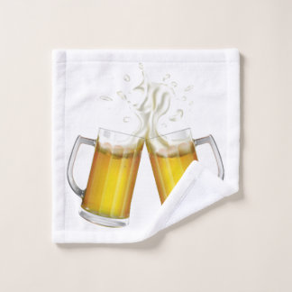 Two mugs with a light beer. wash cloth