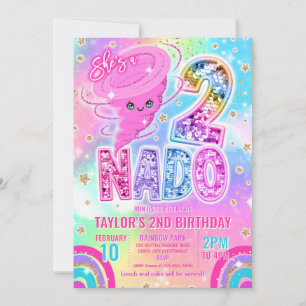 Two Nado Rainbow Glitter 2nd Birthday Party  Invitation