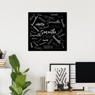 Two names couple pattern monogram black grey white poster