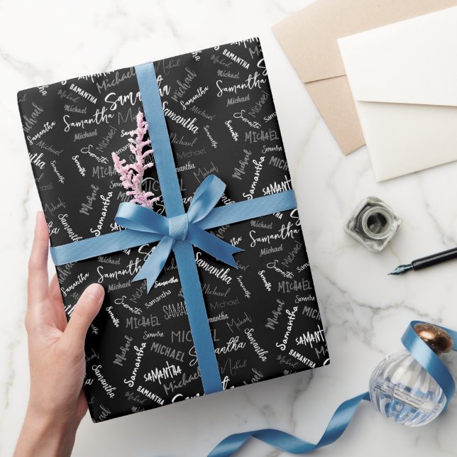 Two names couple pattern monogram black grey white wrapping paper (Gifting)