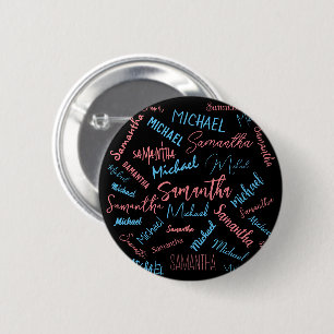 Two names couples pattern monogram blue light pink 6 cm round badge