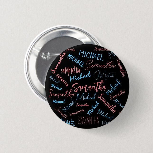 Two names couples pattern monogram blue light pink 6 cm round badge (Front & Back)