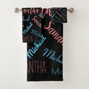 Two names couples pattern monogram blue light pink bath towel set
