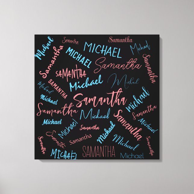 Two names couples pattern monogram blue light pink canvas print (Front)