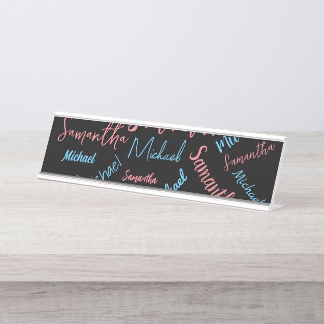 Two names couples pattern monogram blue light pink desk name plate (Front)