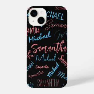 Two names couples pattern monogram blue light pink iPhone 14 case