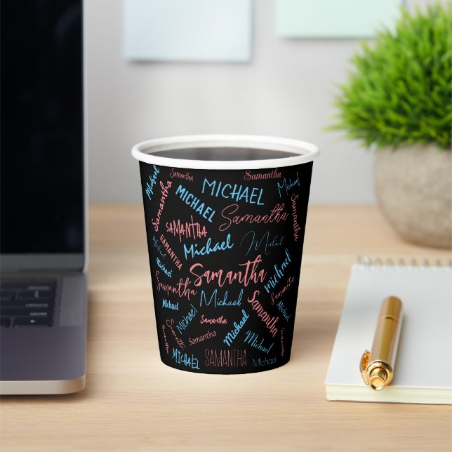 Two names couples pattern monogram blue light pink paper cups (Insitu)