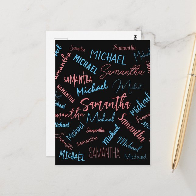 Two names couples pattern monogram blue light pink postcard (Front/Back In Situ)