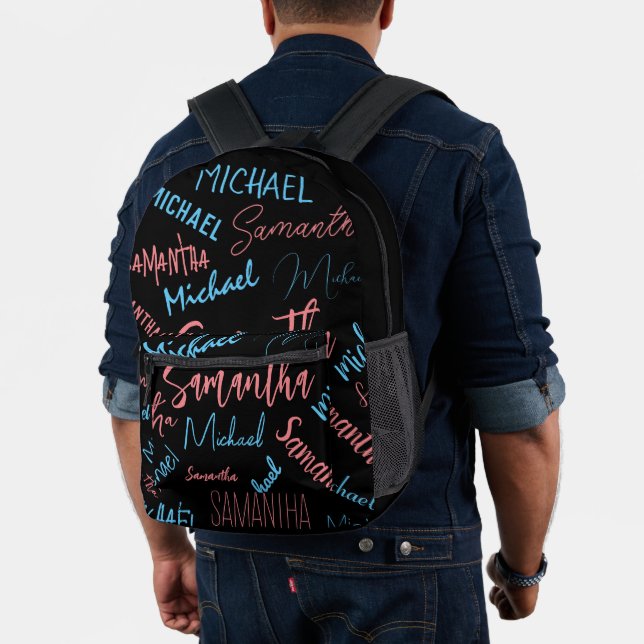 Two names couples pattern monogram blue light pink printed backpack (Insitu (Model))