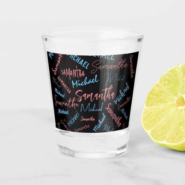 Two names couples pattern monogram blue light pink shot glass (Front)